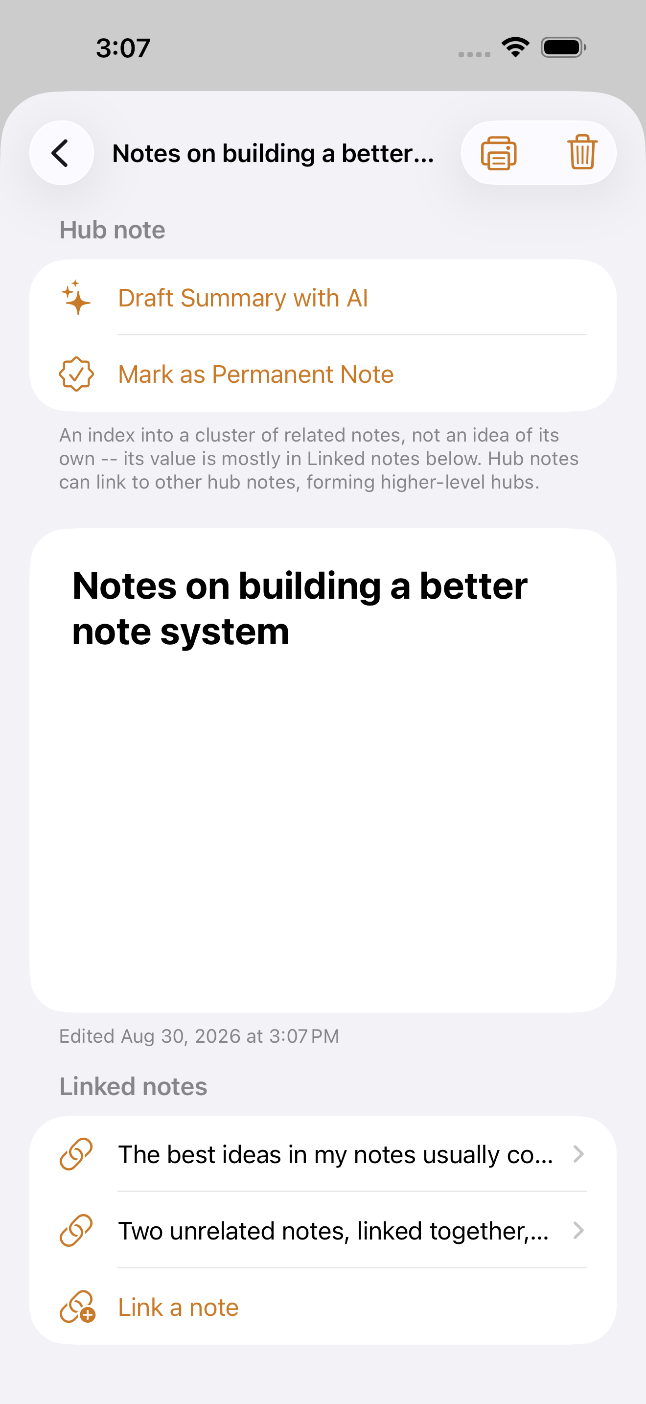 A Filament hub note linking two related permanent notes together